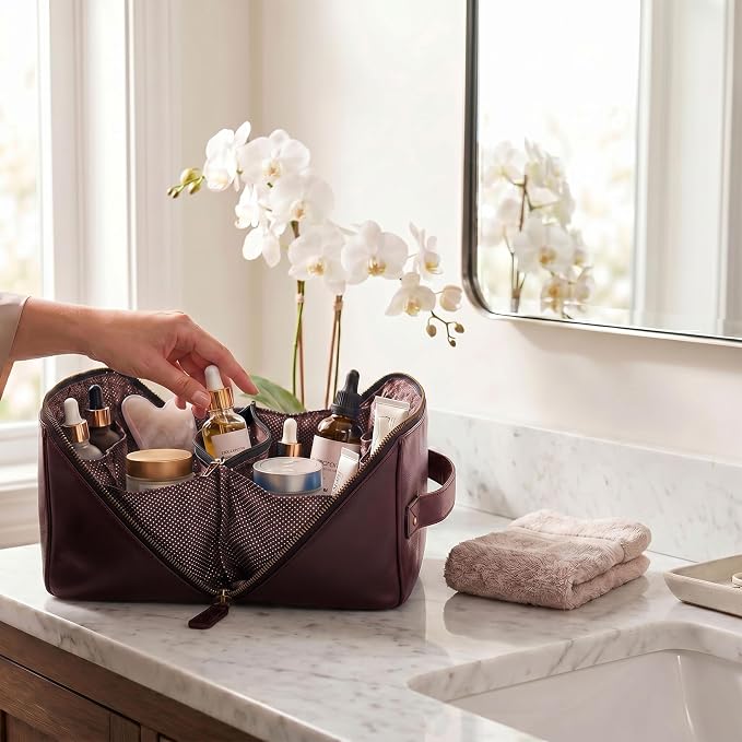 LEATHER VILLAGE Genuine Leather Travel Dopp Kit for Men & Women – Open Flat Large Capacity Cosmetic Bag with Water-Resistant Lining – Skin Care, Brushes, Shaving & Bathroom Essentials Organizer-Cherry - Image 7