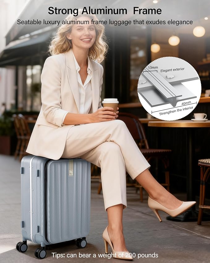Hanke 20 Inch Carry On Suitcase PC Hardshell Luggage Top Open Aluminum Frame Rolling Suitcases with Wheels Travel Luggage for Woman Men Gifts.(Grey) - Image 5