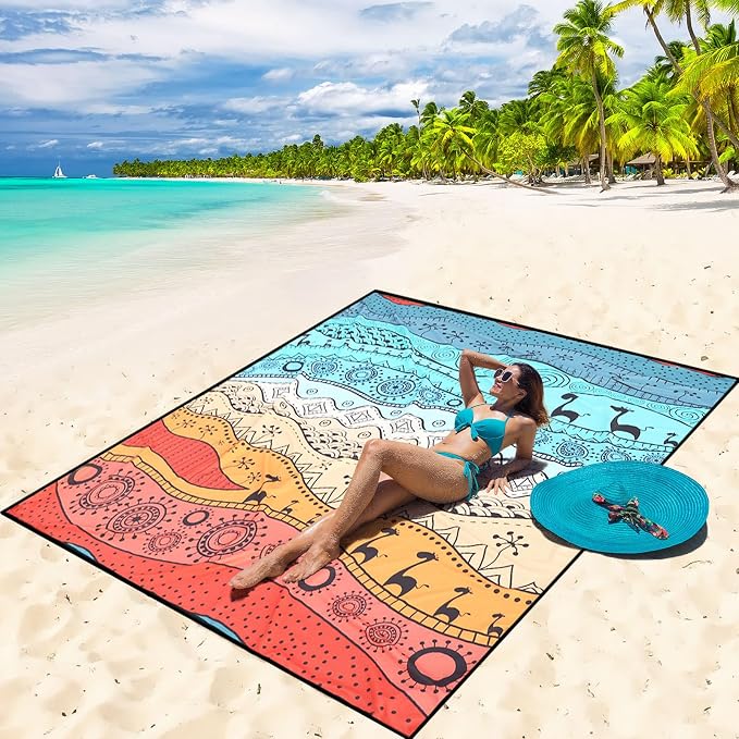 WIWIGO Beach Blanket Waterproof Sandproof Beach Mat 79" X 83"/10'x9'for 2-8 Adults Quick Drying Outdoor Picnic Mat Beach Accessories for Travel, Camping, Hiking by WIWIGO