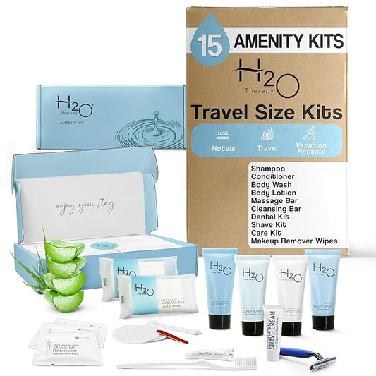 H2O Therapy Amenity & Accessory Kit | 0.85 oz Travel Size Shampoo, Conditioner, Lotion, Body Wash, Massage Bar, Cleansing Bar, Shave & Dental Sets, Make-Up Remover Wipes, & Vanity Kit | 15 sets/case
