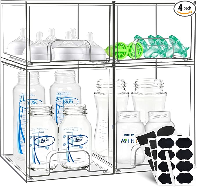 Baby Bottle Organizer, Stackable Storage Drawers with Label, Clear Station Organizers Container for Pacifiers, Pump Parts, Desk Organizer Bins for Bathroom, Cabinet, Pantry, Vanity, Countertop, 4 Pack by Qunland