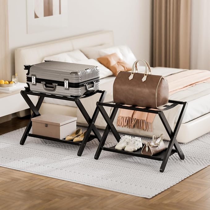 HITNET Luggage Rack for Guest Room, Pack of 2, Suitcase Stand Folding Bedroom, Bamboo Hotel Luggage Holder with Fabric Storage Shelf and Nylon Straps, Black - Image 2
