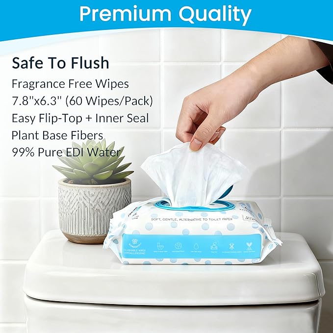 WONDERFUL Flushable Wipes, Unscented 100% Plant-Based Wet Butt Wipe for Adults & Kids, Sewer Septic Safe, Gentle for Sensitive Skin, Wipes Flushable Pack for Bathroom & Travel, 6-Pack (360 Counts)