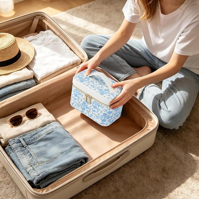 Makeup Bag Travel Toiletry Leather Cosmetic Case, Waterproof Makeup Organizer with Brush Holder, Wipe Clean Removable Divider Vanity Train Bag for Women, Vintage Blue - Image 5