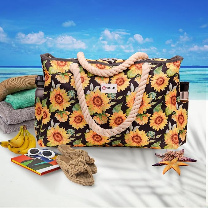 Beach Bag and Pool Bag Has Cooler Pocket, 7 Pockets Total, Zip Top. Family Size Waterproof Beach Tote - Image 3