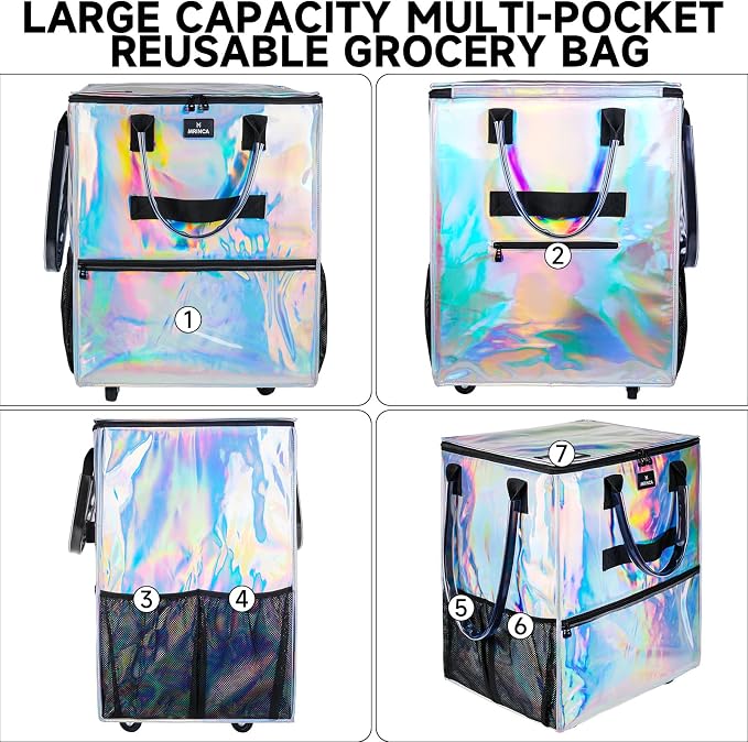 Large Reusable Grocery Bag On 5 Wheels, 130L Foldable Rolling Tote Bag, Heavy Duty Shopping Cart, Multiple Pockets & Heavy Duty Handle, Collapsible Shopping Cart for Groceries Moving, Gradient Silver - Image 4