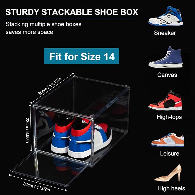 12 Pack Shoe Boxes, Clear Acrylic Stackable Plastic Sneaker Box Container, Magnetic Drop & Side Open Shoe Organizer Case Container With Lids Fits Up to Size 14 (Clear) - Image 6