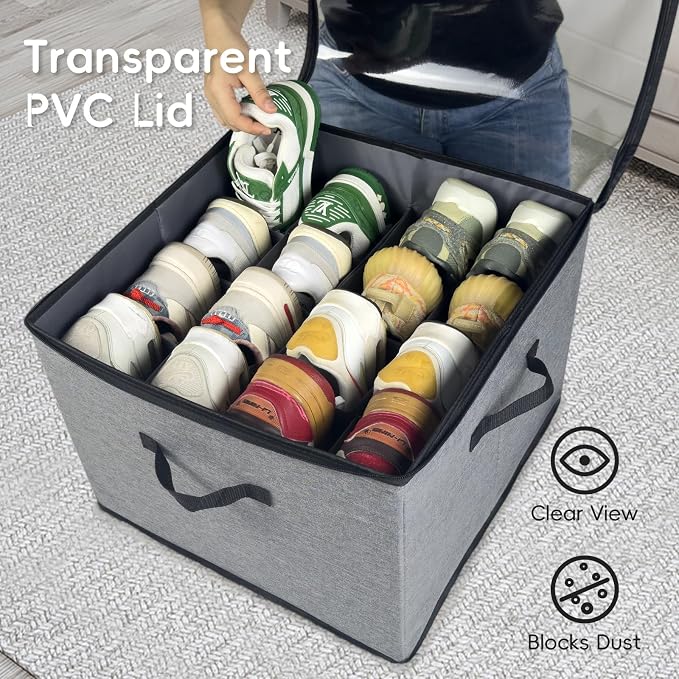 Shoe Organizer Box 2 Pack, Shoe Storage Organizer with Clear Cover, Adjustable Dividers Fits 16-32 Pairs, Fabric Shoe Organizer for Closet, Grey - Image 5