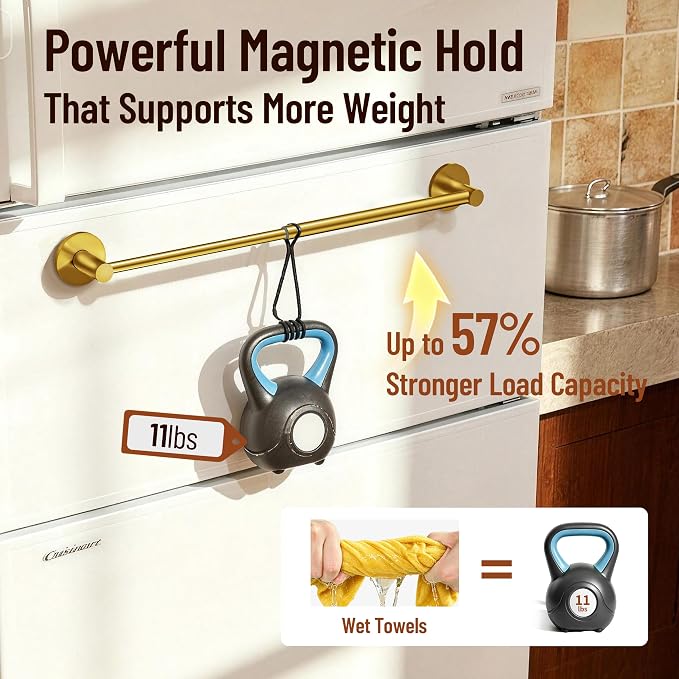 Magnetic Towel Bar, Adjustable Towel Rod with Larger Magnetic Base & Hidden Magnet Design, Non-Slip Magnetic Towel Holder for Refrigerator, Dishwasher, Oven, Washer (Brushed Gold, 1Pack) - Image 5