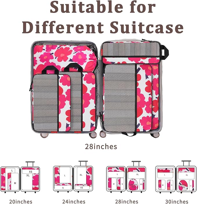 U+U 6 Set Compression Packing Cubes - Ultralight Travel Organizers with Laundry Bag, Space-Saving Suitcase Organizer, Expandable Packing Cubes for Travel, Business Trip and Vacation (Red Flower) - Image 6