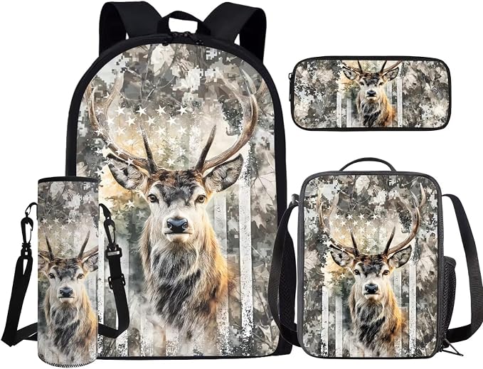 GIFTPUZZ Deer American Flag Backpack 17 Inch Set Boys | Camo 4-in-1 Lunch Box Set, Water Bottle Holder, 3rd Grade Elementary School, Ages 8-10 - Image 2