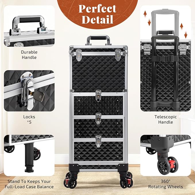 Rolling Makeup Train Case with 3 Drawers, Nail Trolley Cart Salon Station Cosmetology Case on Wheels Organizer Cases for Nail Tech,SPA,Face Painting,Hairstylist,Makeup Artist (Silver & Black) - Image 7
