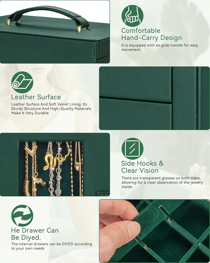 AKOZLIN 6-Tier Jewelry Box Organizer Functional 5 Drawers Leather Jewelry Storage Case for Women Girls Ring Necklace Earring Bracelet Holder Organizer with Mirror Green 360° Rotating - Image 7