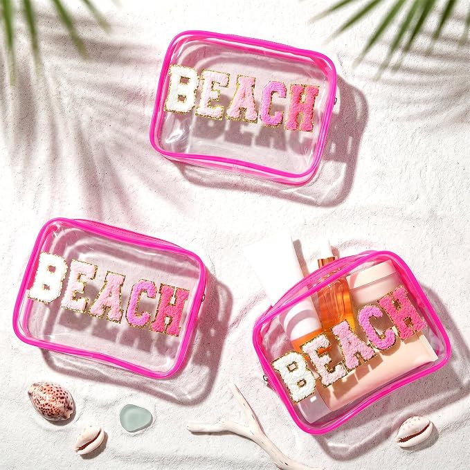 Kacctyen 12 Pack Clear Beach Makeup Bag with Chenille Letter Patch Travel Toiletry Bags Waterproof PVC Cosmetic Organizer for Women Girls Pool Beach Vacation Summer Essential Gifts, Hot Pink - Image 2