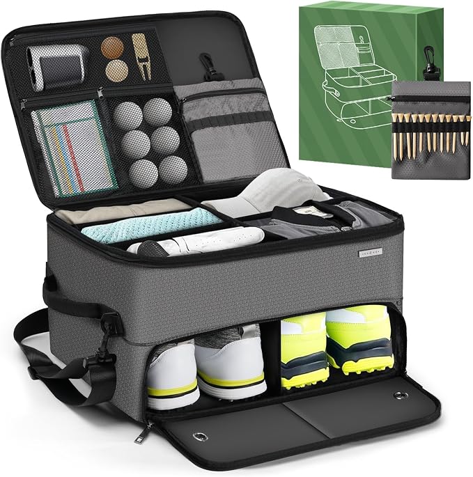 Golf Trunk Organizer for Car SUV with Shoe Compartment & Divider | 2-Layer Golf Storage Bag for Balls, Tees, Accessories | Waterproof Golf Locker Gift for Men, Dad, Golfers by Derhutzucker