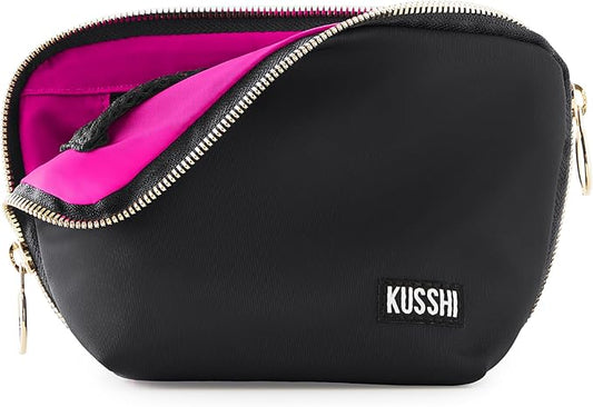 KUSSHI Washable Travel Makeup Bag for Purse (Everyday, Satin Black/Pink) by Unknown