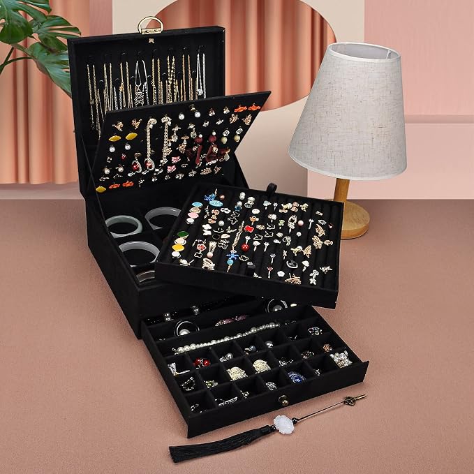 Jewelry Organizer 5 Layers Velvet Square Jewelry Box Women Necklace Ear studs Display Bangles Large Jewelry Storage Case Drawer GY306 (Black) - Image 5