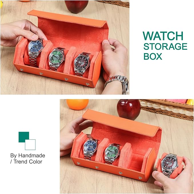 Hiram Genuine Leather Saffiano Leather Watch Roll Travel Case, Leather 1-Watches Roll Case for Treasured Watches and Bracelets(Orange) - Image 5