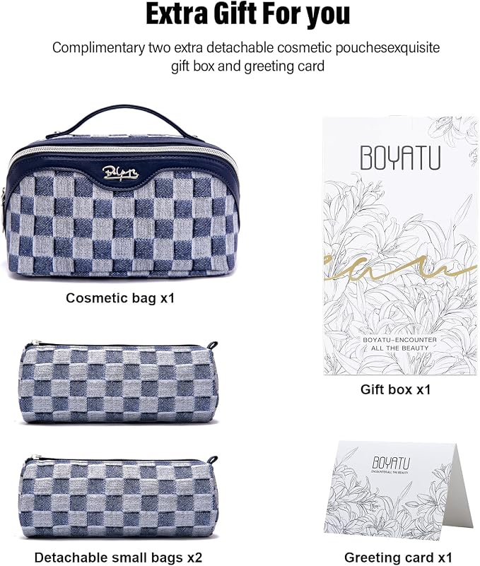 BOYATU Travel Makeup Bag for Women: Large Cosmetic Bag Set of 3 - PU Leather Make up Bag with Compartments - Compact Waterproof Toiletry Bag with Divider & Handle (D-5-Deep Blue) - Image 5