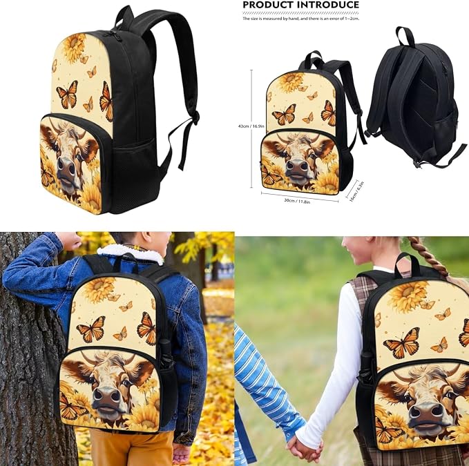 Highland Cow School Backpack for Girl 3 in 1 Schoolbag Kids Butterfly Backpacks and Lun Boxes Pencil Case 17 Inch Daypack School Supplies Teen Child School Bookbag Set for Primary Secondary - Image 3