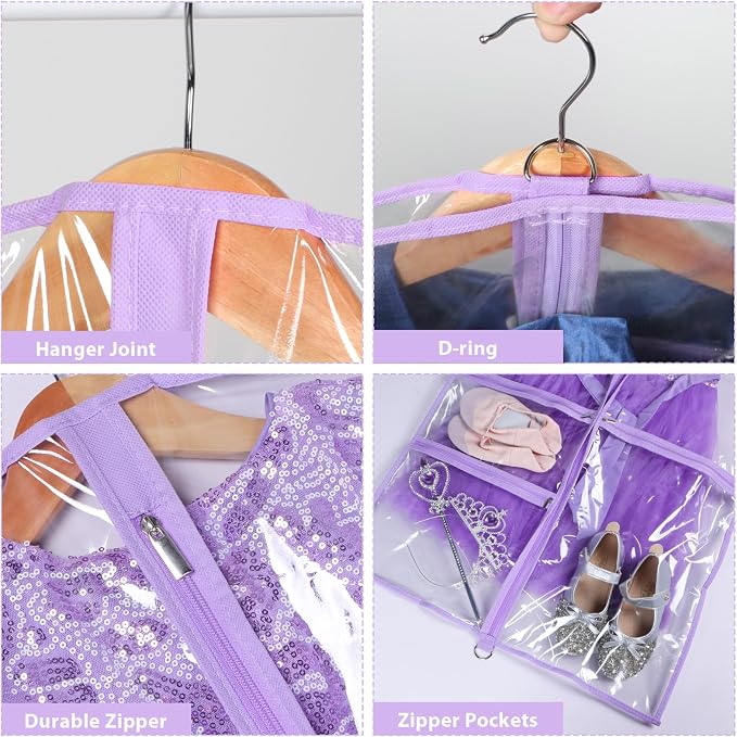 Zilink Clear Garment Bag for Dance Costumes 40” Clear PVC Dance Competition Bags Kids Garment Bag with 3 Clear Zipper Pockets for Competition and storage，Set of 4 (Clear/Purple) - Image 4