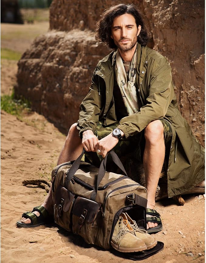 Waxed Canvas Duffel Bag with Shoe Compartment | Waxed Canvas Travel Bag for Men, Genuine Leather Trim, Shoe Compartment, Front Pockets, Weekend, Overnight and Carry-On Use - Image 7