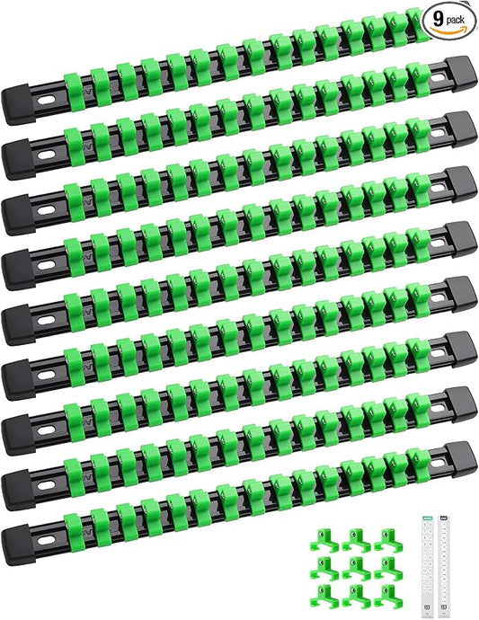 ALOANES 9PC ABS Socket Organizer, Socket Rails Fit 3/8 inch Drive | Portable Heavy Duty Socket Holders Hold up 135 Sockets for Mechanics Toolbox Drawer Bags(Green) by Aloanes
