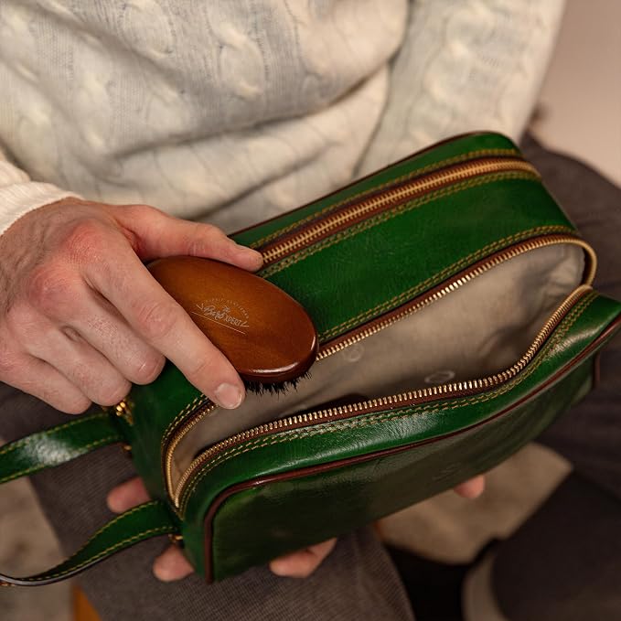 Time Resistance Leather Cosmetic Bag - Italian Toiletry Dopp Kit (Green) - Image 3