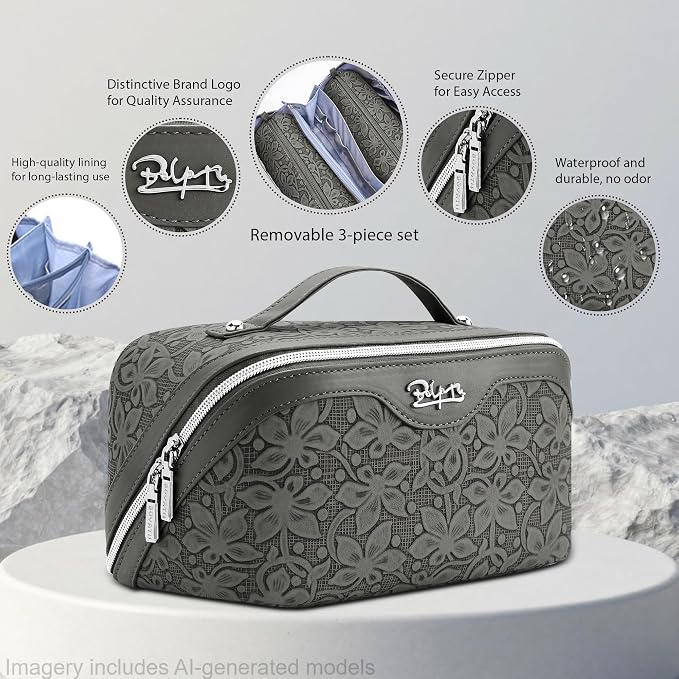 BOYATU Travel Makeup Bag Cosmetic Bags for Women: Large Capacity 3 Pcs Set Make up Bag with Compartments - Waterproof Vegan Leather Toiletry Organizer Bags with Handle (Z-62Grey) - Image 2