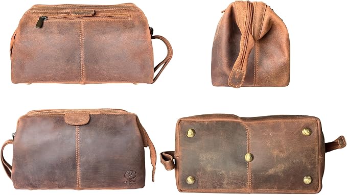 RUSTIC TOWN Full Grain Leather Toiletry Bag for Men – Wide Opening Dopp Kit with Metal Frame, Water-Resistant Travel Organizer for Shaving, Grooming & Accessories - Image 4