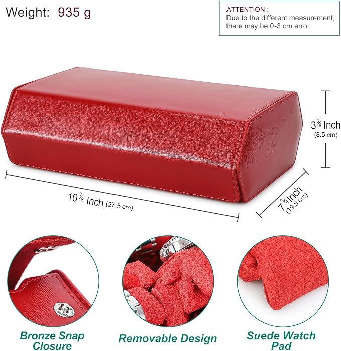 Hiram SaffianoLeather Hexagon Watch Roll Travel Case, Leather 8-Watches Roll Case with Removable Pillow Cushion for Treasured Watches and Bracelets-RED - Image 2