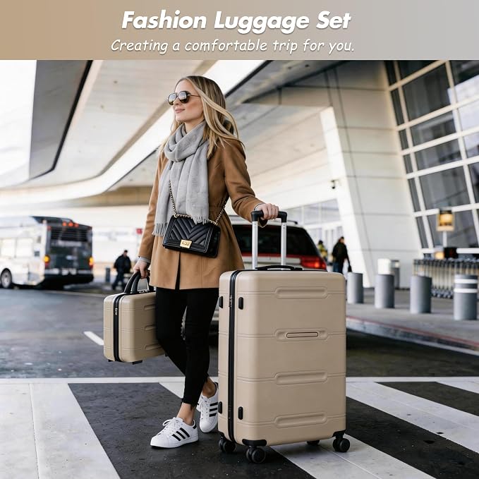 Merax Luggage Set,6 Piece Suitcase with Bags,Lightweight Carry on Luggage | 14/20 IN Airplane Approved,24/28IN Hardside Suitcase with Double Spinner Wheels Handle Password Lock,Khaki - Image 2