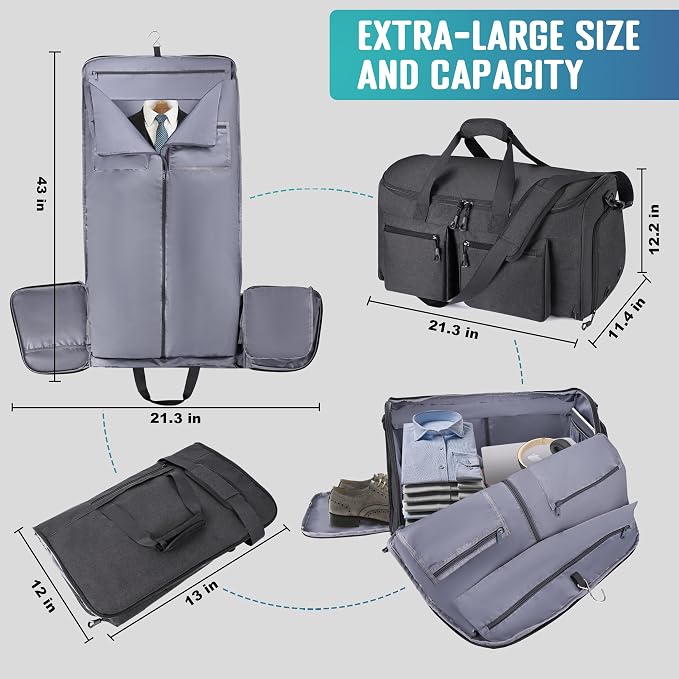 HILOMON Convertible Duffle Bags for Travel Carry On Suit Duffle Bags with Shoulder Strap 2 in 1 Hanging Garment Duffle Bag for Men Women (Black Mesh Storage) - Image 6
