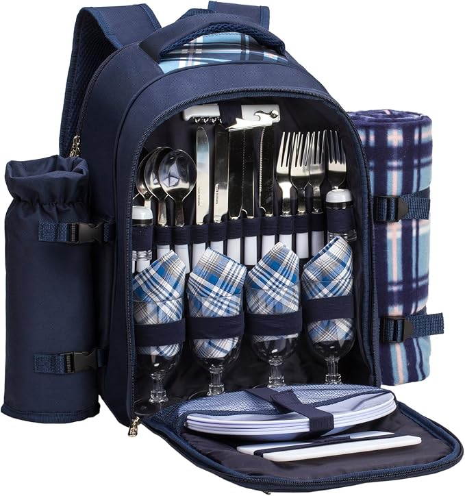 Apollo walker Picnic Backpack Set for 4 with Cooler Compartment,Detachable Bottle/Wine Holder Including Large Picnic Blanket(45"x 53") for Picnic Family and Lovers Gifts,Outdoor,BBQ Time (Blue) by apollowalker