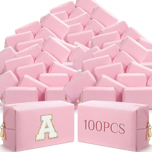 100 Pack Aesthetic Makeup Bags Bulk PU Leather Cosmetic Pouches Waterproof Toiletry Bags Makeup Pouches Bulk for Teen Girls Women Party Gift Travel Storage Back to Teacher Gift (Pink) by Cunno