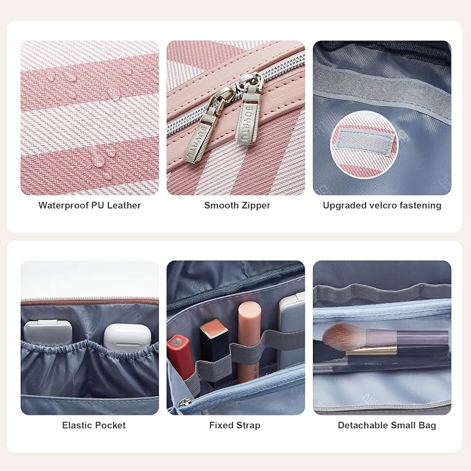 BOYATU Travel Makeup Bag for Women: Large Cosmetic Bag Set of 3 - PU Leather Make up Bag with Compartments - Compact Waterproof Toiletry Bag with Divider & Handle (B-1-Pink) - Image 3