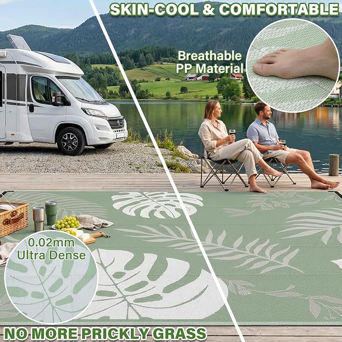 GOTGELIF Massive Outdoor Patio Rug - 9x12FT, Reversible & Water-Resistant & Wear-Resistant & Plastic Straw Outdoor Area Rug for Patio & Camping & RV - Green Leaf - Image 4