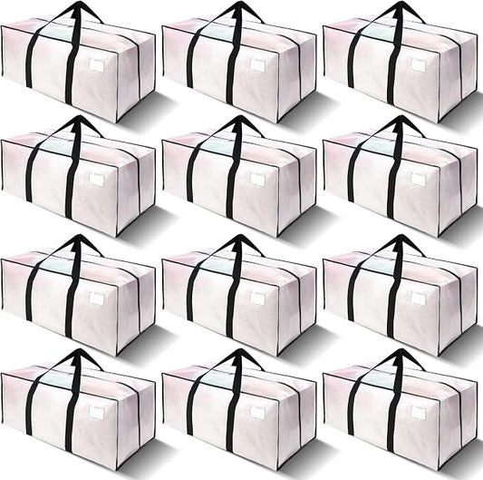 VELVETSURE 12 Pack Heavy Duty Large Moving Bags W/Backpack Straps - Strong Handles & Zippers, Storage Totes For Space Saving, Fold Flat, Alternative to Moving Box and Storage Bin, Semi-Transparent by VELVETSURE