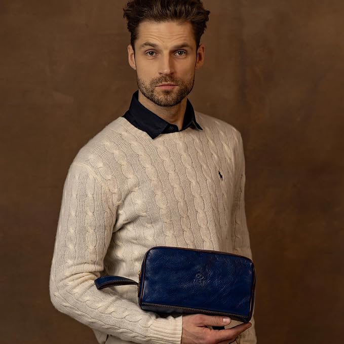 Time Resistance Leather Cosmetic Bag - Italian Toiletry Dopp Kit (Blue) - Image 2