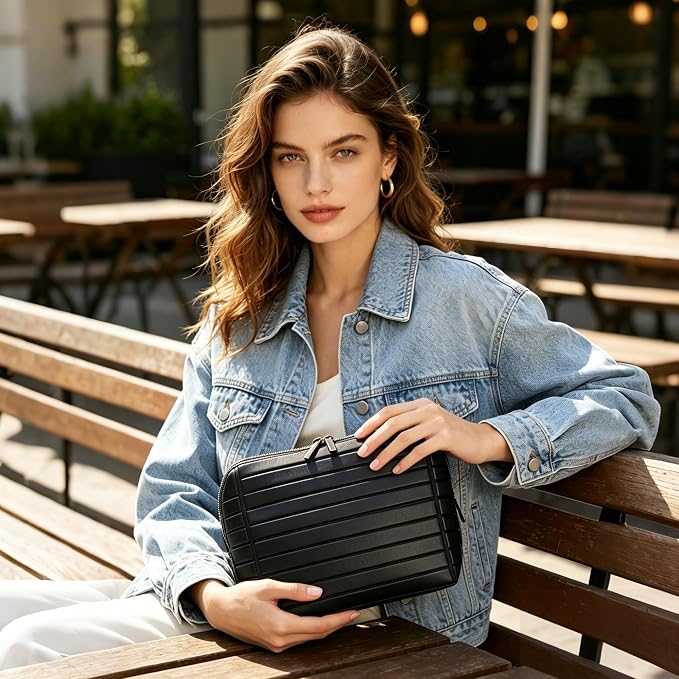 Minoisome Travel Makeup Bag,PU leather toiletry bag,make up organizer case for women,Large Capacity Cosmetic Bag,Wide-open Pouch Purse，Toiletries Accessories，Fold-Down Design and Adjustable Dividers. - Image 2