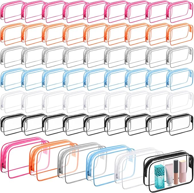 60 Pcs Clear Makeup Bags Bulk Travel Toiletry Bag 7 x 5.5 x 1.6 Inch PVC Zipper Pouch Waterproof Plastic Cosmetic Case Portable Organizer for Women Summer Bathroom (Vivid Color) by Cunno