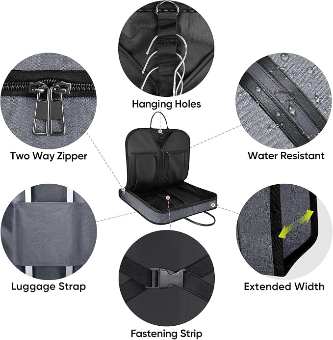 BALEINE Travel Garment Bag, Travel Suit Bag for Men, Water Resistant Carry on Garment Bag for Hanging Clothes, Garment Duffel Bag for Travel Business (Grey, 48") - Image 2