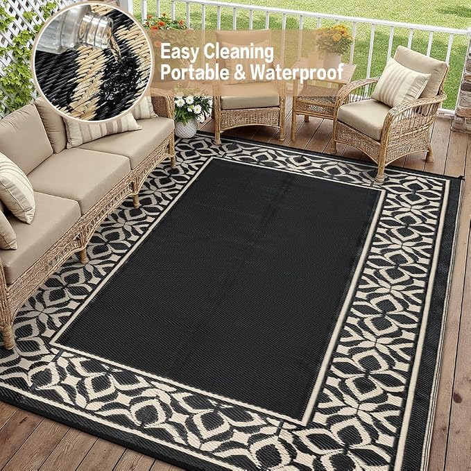 PureCozy Outdoor Plastic Straw Rug Black Beige Large Outside Waterproof Outdoor Patio 9x12 Carpet Geometric Reversible Mat Modern for Camping RV Porch Deck Balcony Beach - Image 8
