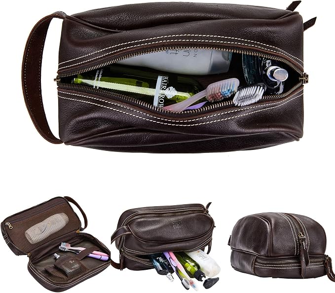 Travel Toiletry Organizer Dopp Kit Water-resistant Genuine Leather Shaving Bag for Toiletries Accessories For Men Women (Dark Brown) by BRASSTACKSLeathercraft