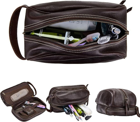 Travel Toiletry Organizer Dopp Kit Water-resistant Genuine Leather Shaving Bag for Toiletries Accessories For Men Women (Dark Brown) by BRASSTACKSLeathercraft