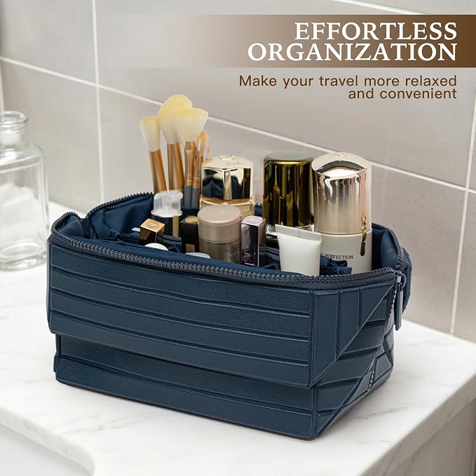 Minoisome Travel Makeup Bag,PU leather toiletry bag,make up organizer case for women,Large Capacity Cosmetic Bag,Wide-open Pouch Purse，Toiletries Accessories，Fold-Down Design and Adjustable Dividers. - Image 2