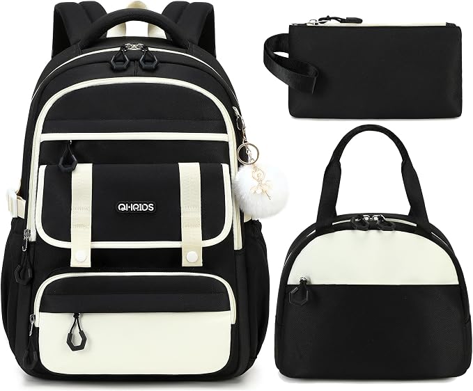 School Backpack for Girls, 3PCS Laptop Backpack 15.6 Inch with Lunch Box Pencil Pouch Set for Kids Teens Elementary Middle High School College Bookbag Student Casual Travel Daypack,Black Beige by QHRIDS