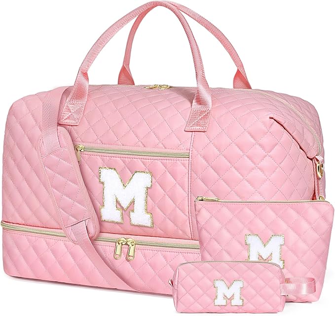 Graduation Birthday Gift for Her, Personalized Initial Weekender Bag for Women 45L Travel Duffle Carry On Quilted, 3PCS Overnight with Cosmetic & Toiletry Bag, Shoe Compartment, Gym Dance Bag for Girl by ITIEZY