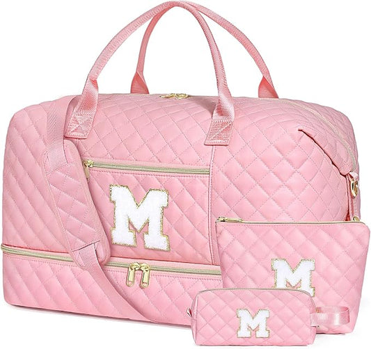 Graduation Birthday Gift for Her, Personalized Initial Weekender Bag for Women 45L Travel Duffle Carry On Quilted, 3PCS Overnight with Cosmetic & Toiletry Bag, Shoe Compartment, Gym Dance Bag for Girl by ITIEZY