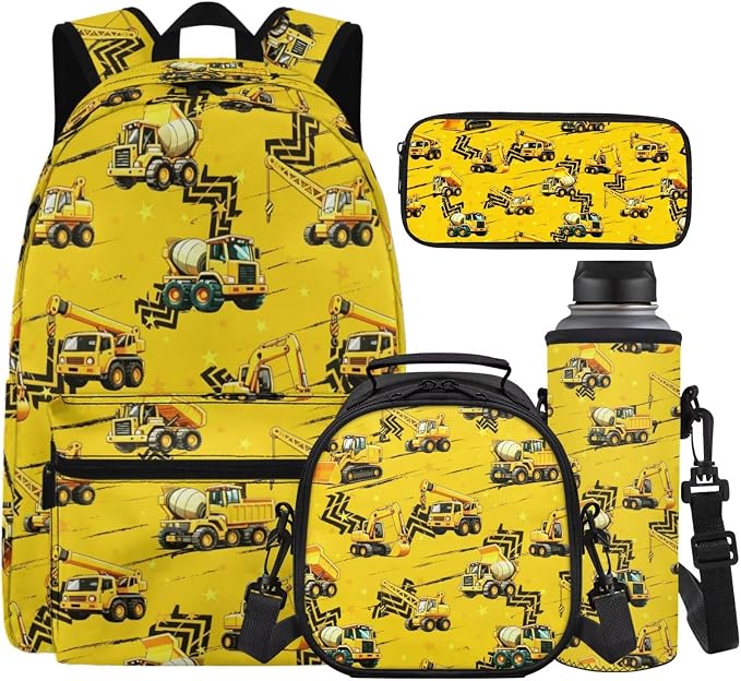 Teen Boy Backpack Truck Yellow Bookbag and Lunch Box Set for Boys Cool Backpack for Middle School Boy Back to School Gift Supplies 17 inch Bookbag Set of 4 by Unknown